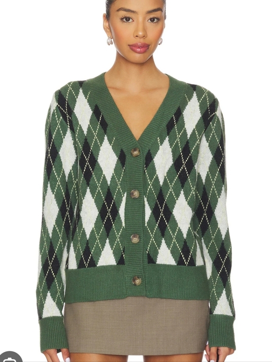 REVOLVE Sweaters - REVOLVE Green, White & Black Argyle V-Neck Cardigan Size M